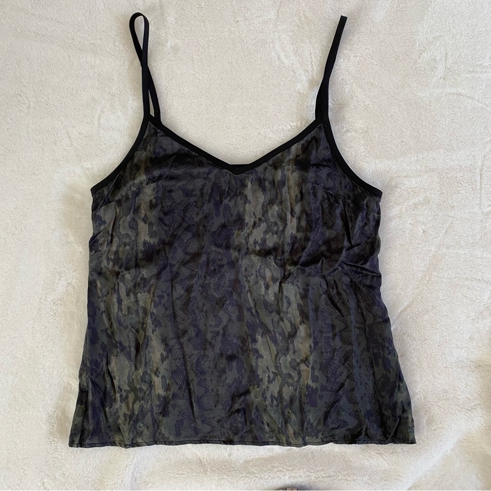 ALLSAINTS army olive green print tank top cami w/ black spaghetti straps XS - S